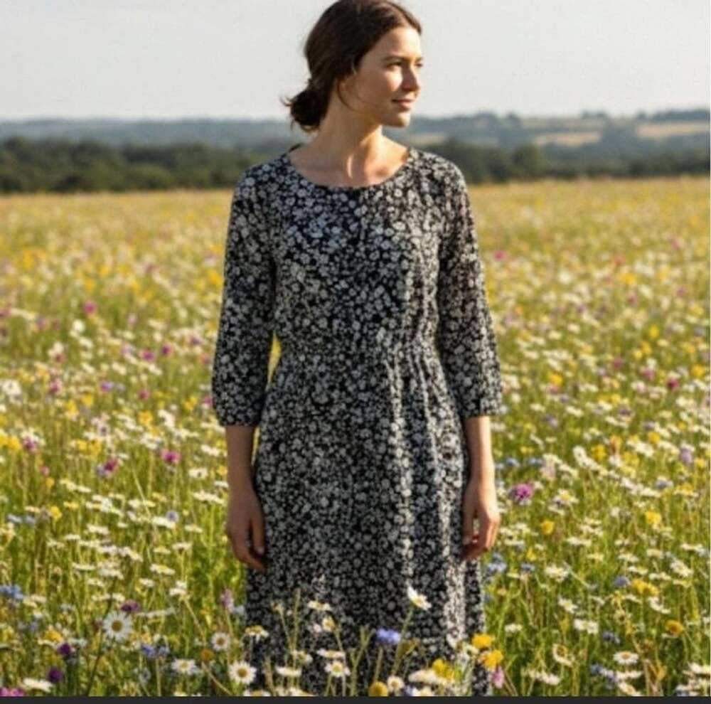 J.Jill Black and White Floral Print Midi Dress with Button Front and 3/4 Sleeves